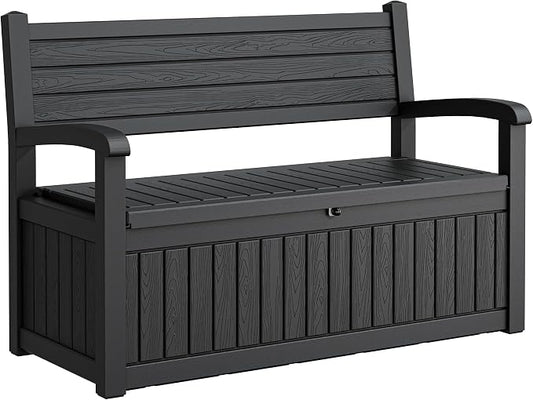 80 Gallon Lockable Deck Bench with Storage, Waterproof Outdoor Porch Bench, Resin Stripes Outdoor Storage Box for Cushions and Garden Tools