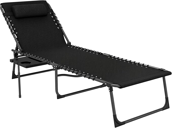 Outsunny Folding Chaise Lounge Chair Outdoor Tanning Chair with Side Table, 5-Level Adjustable Beach Lounge Chair with Headrest, Side Pocket for Patio, Backyard, Beach, Poolside, Black