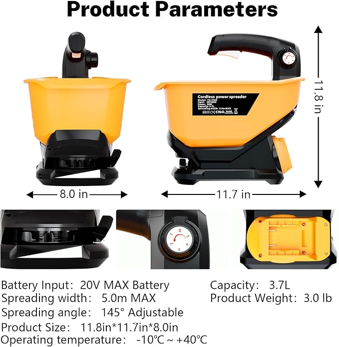Seed Spreader Fertilizer Grass Seed Spreader Cordless Compatible with Dewalt 20V Battery, Salt Spreader for Snow 3.7L Handheld, All-Season Use [ Battery Not Included ]