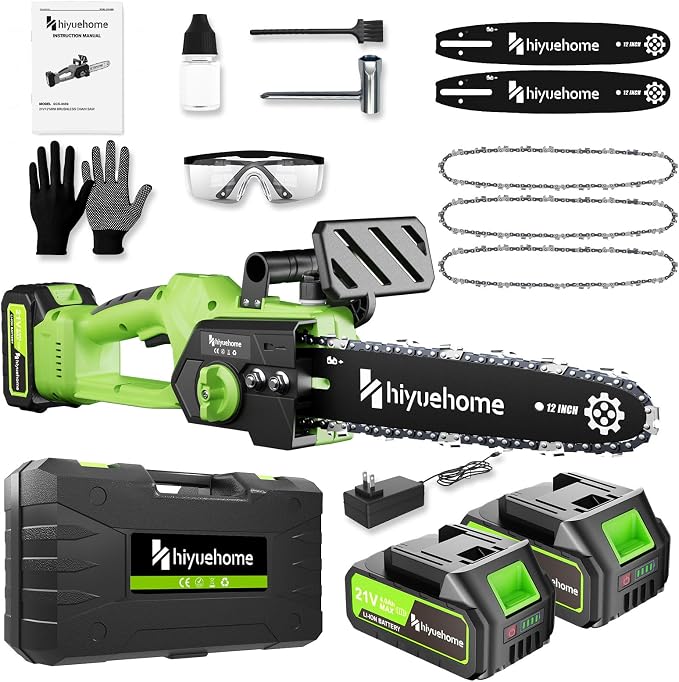 Power Chainsaw 12inch,Chainsaw Cordless w Automatic Oiler, Handheld Electric Power Chain Saw w Security Lock, Brushless Motor,for Wood/Trees Trimming (Green - 2 batteries, 12 INCH)
