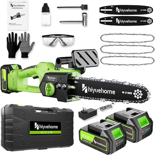 Power Chainsaw 12inch,Chainsaw Cordless w Automatic Oiler, Handheld Electric Power Chain Saw w Security Lock, Brushless Motor,for Wood/Trees Trimming (Green - 2 batteries, 12 INCH)