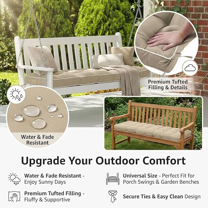 3 Seat 57 Inches Outdoor Porch Swing Cushions,Water-Resistant Tufted Patio Swing Replacement Cushions
