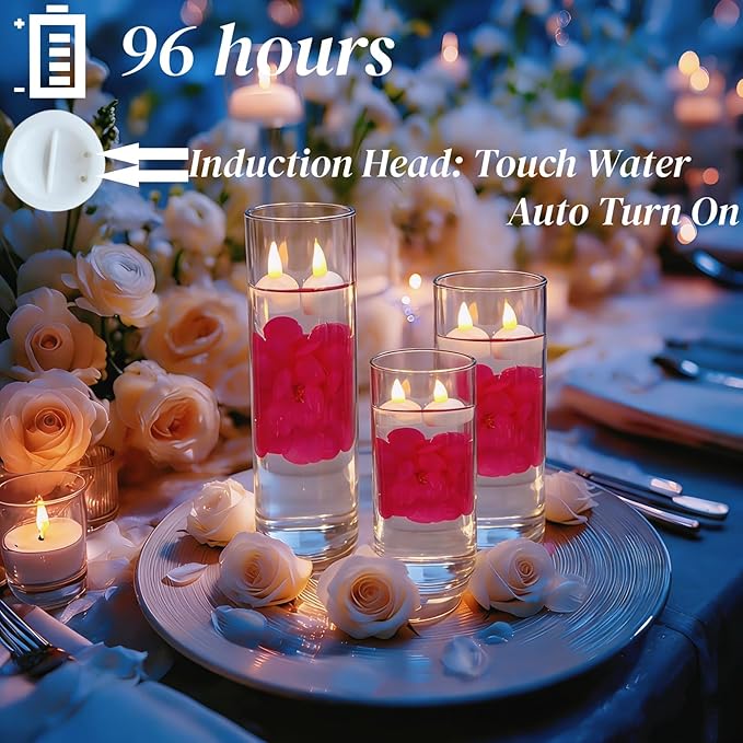 24 Pack Flameless Led Floating Candles and Floating Artificial Flower Battery Operated Waterproof Tea Lights for Cylinder Vases Centerpieces at Wedding, Party, Pool Decor Rosered