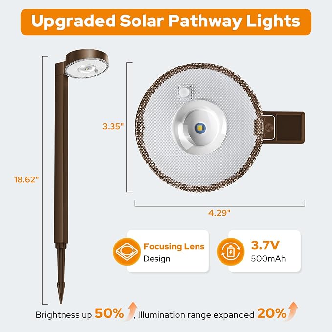APONUO 8 Pack Solar Pathway Lights Outdoor, 3 Color Temperatures Selectable CCT, Focused Ground Spot Lens, Brighter Up to 12 Hrs IP65 Waterproof Path Lights for Walkway Driveway Yard Garden(Brown)