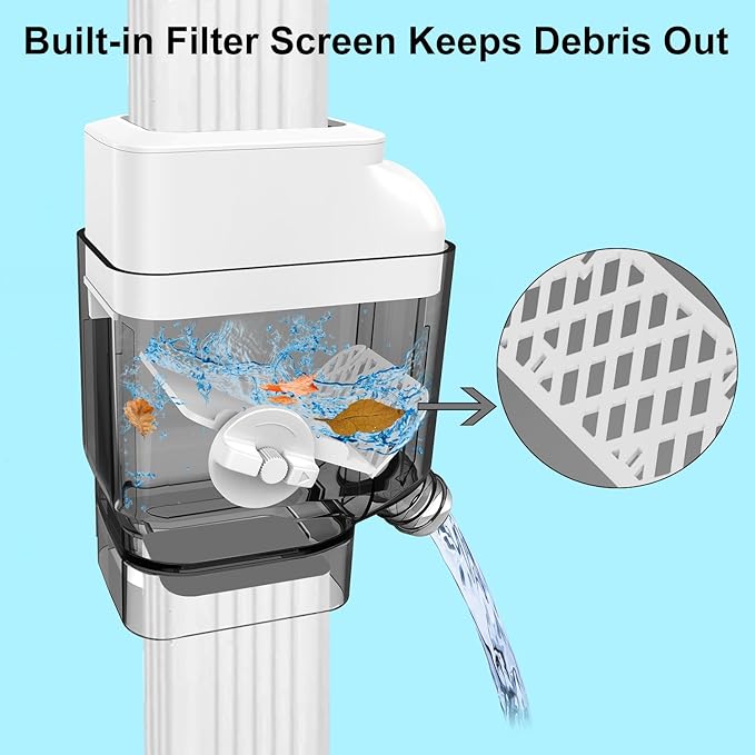 Prestantious Gutter Downspout Diverter with Built-in Filter Screen Fits for 2"x3" and 3"x4" Downspout, Rainwater Collection System with Adjustable Valve and 4ft. Hose, Diverts Large Water Flow, White