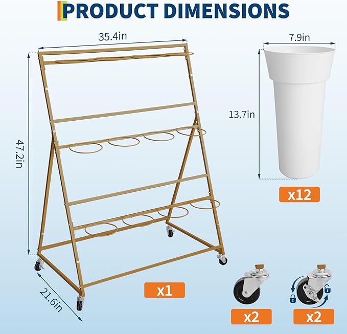 PeakPursuit 3-Tier Metal Flower Display Stand with 12 Plastic Removable Buckets and Wheels,Flower Display Cart for Indoor and Outdoor Use, Gold