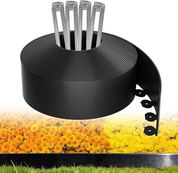 4in Tall,33ft Landscape Edging Kit with 50pcs Metal Spikes, Reinforced Rib Design,Not Digging Flexible Plastic Edge Border for Landscape, Lawn,Garden,Flower Beds,Yard,Paver,Playground, Fence,Pathway