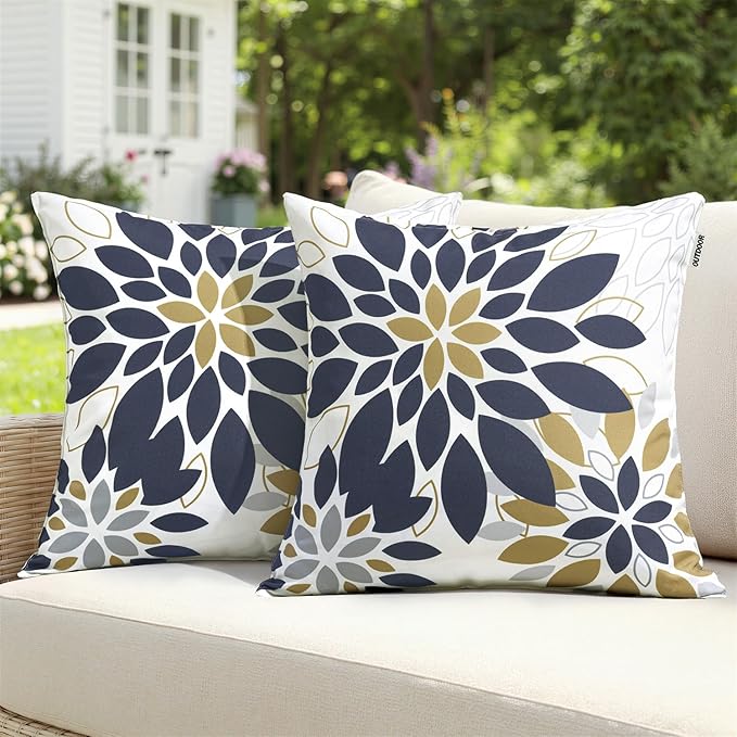 Floral Outdoor Pillow Covers Waterproof Spring Throw Pillow Cases Black Brown 16x16 Inch Set of 2 Decorative Summer Cushion Covers for Patio Furniture Garden Bench Porch Sofa