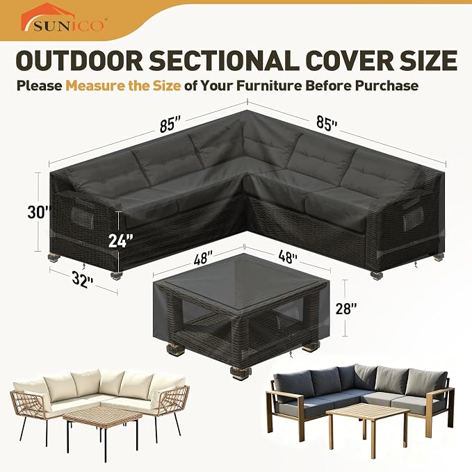 Patio V-Shaped Sectional Sofa Cover and Patio Table Cover Waterproof, 2PCS 420D Patio Furniture Covers, Fit 5-Seater Outdoor Sectional Furniture Couch and Tables, Triple Windproof and Anti-UV, Black