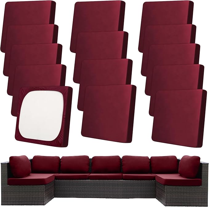 14Pcs Patio Cushion Covers,Outdoor Cushions Covers,Stretch Cushion Covers Replacement, Washable and Reusable Furniture Protectors(Wine Red)