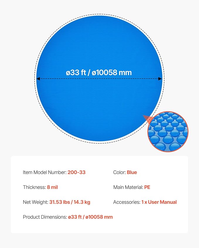 VEVOR Solar Pool Cover, 33 ft Round Pool Bubble Cover, 8 Mil Pools Solar Blanket with Bubble & PE Material, Daytime Heat Absorption, Nighttime Heat Retention, Heat Retaining Solars Covers, Blue