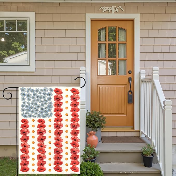 Patriotic Poppy Garden Flags American Flag Floral Yard Flags Double Sided Memorial Day Independence Day House Banner for Fourth of July Remembrance All Season Home Lawn Porch Decor 12x18 Inch