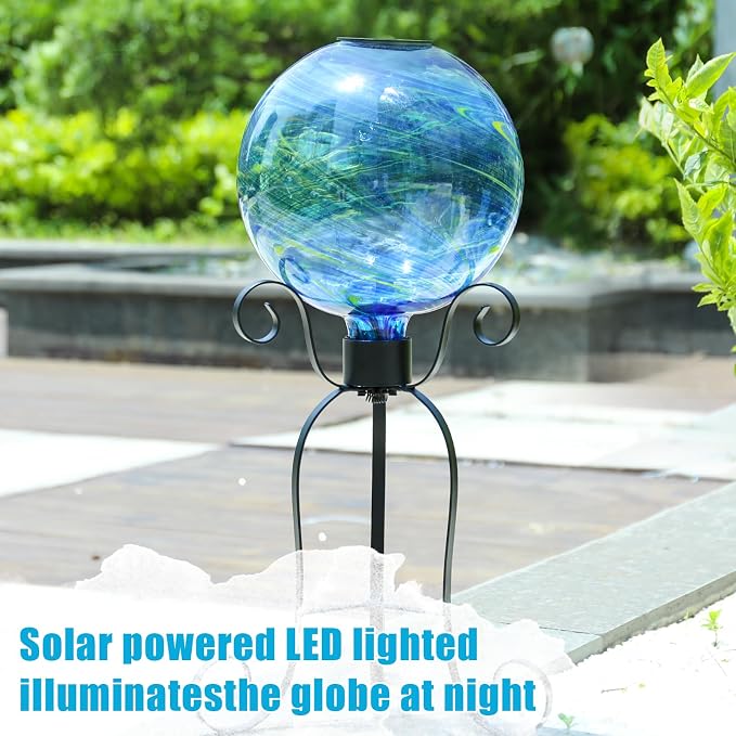 VCUTEKA Solar Gazing Ball, Glass Gazing Balls Sphere with Solar Light for Garden Lawn Outdoor Ornament Yard Decorative, Blue Swirl, 10"