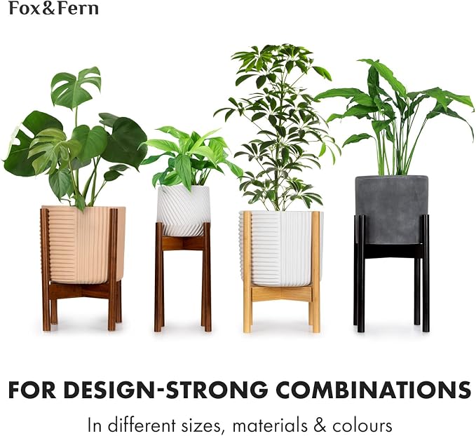 Fox & Fern Large Adjustable Plant Stand Indoor — 11 to 15 Inch Mid Century Bamboo Plant Stand - Plug In Design - Easy to Assemble - Two Heights - For 11, 12, 13, 14 & 15 Inch Pots (Not Included)