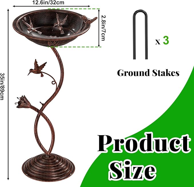 Bird Bath Garden for Outside, Vintage Metal Birdbaths Bowl with Roman Pedestal for Outdoors, Standing Bird Bath Bowl Birdfeeder for Yard Lawn Decor (Vintage Copper - Hummingbird)