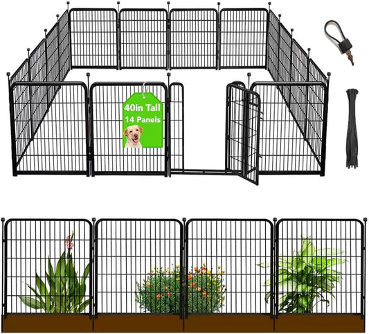 Getlay Animal Barrier Fence, 40 in(H)×27 in(L) 14 Panels Total 31 Ft(L), Garden Fence with Gate, Flower Bed Fencing, Black Metal Decorative Garden Fencing, Fence for Dogs Outside