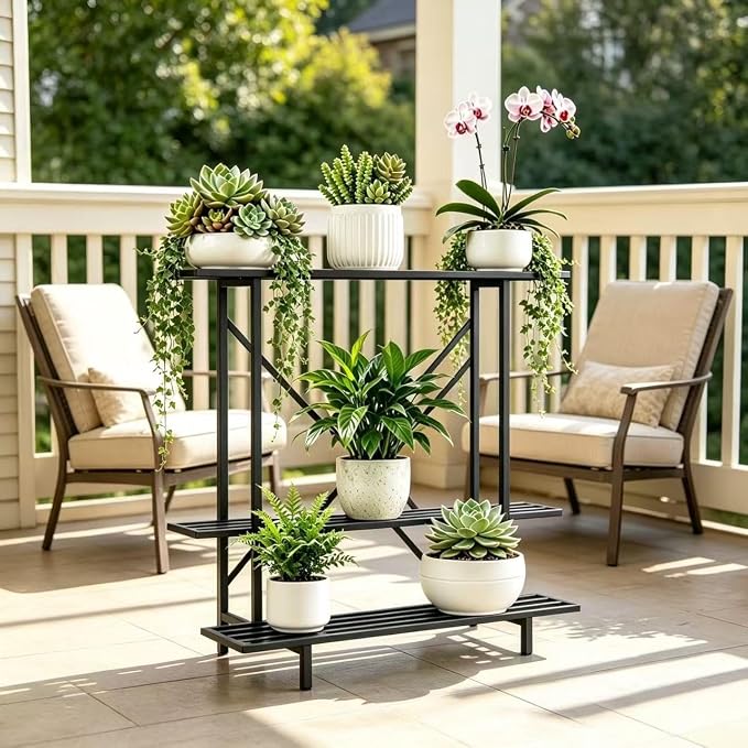 Zhongma 3 Tier Plant Stand Space-Saving Heavy Duty Plant Holder for Balcony, Home, Garden ,Metal Sturdy Plant Stand for Indoor and Outdoor