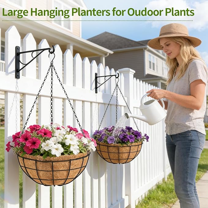 18 Inch Hanging Baskets for Plants Outdoor, 4 Pack Large Hanging Planters for Outdoor Plants, Round Wire Hanging Flower Pots with Coconut Coir Liners for Garden, Deck, Porch, Balcony
