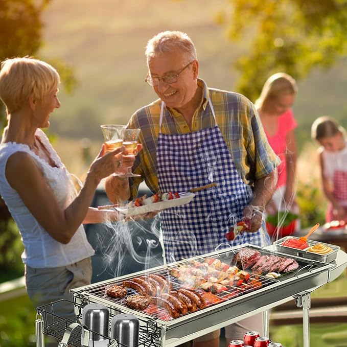 Portable Charcoal Grill, Large Stainless Steel Folding Grill with Side Table & Storage, Barbecue for outdoor Cooking Camping Parties Garden, Backyard Grilling and Family Picnics (39x13x28 In)