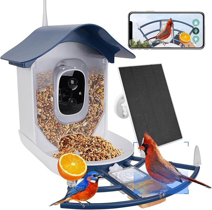 Smart Bird Feeder with Camera Solar Powered,AI Identify Bird Species,2K HD Video Live Auto Capture for Outdoor Backyard,Birdwatching,Ideal Gifts for Family Birds Lover(Dark Blue)