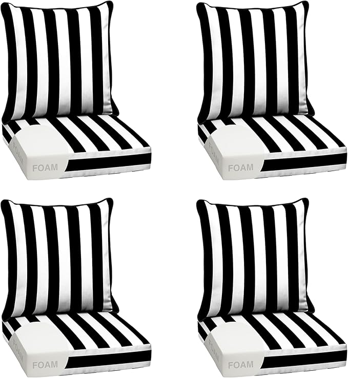 Arden Outdoor Foam Deep Seat Cushion Set (4-Pack), 24x24, Premium High-Density Foam, Never Flattens, Weather-Proof for Patio Chair Sofa Couch, Black Cabana Stripe