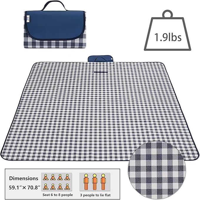 Wind Tour Waterproof Picnic Blanket with Carry Strap - Foldable Sandproof Outdoor Mat for Camping, Beach, Park - 59" x 71",Grey Grid (Single Mat)