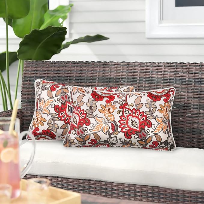 Pack of 2 Outdoor Waterproof Lumbar Rectangular Throw Pillow with Insert, Home Decorative Toss Pillows All Weather Cushion for Patio Garden Car Office (12x20 Inch, Botanical Red Orange)