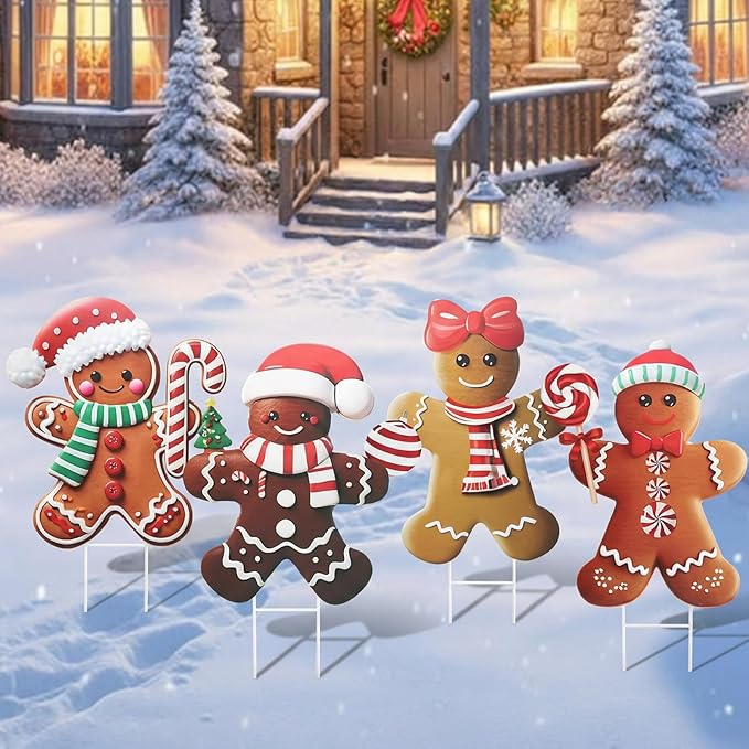 Weysat 4 Pack Christmas Metal Yard Stakes 15.75 Inch Gingerbread Man Yard Sign Stake Christmas Decorations Outdoor for Outside Xmas Gingerbread Decorations for Garden Lawn Pathway Party Decor