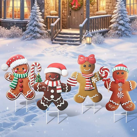 Weysat 4 Pack Christmas Metal Yard Stakes 15.75 Inch Gingerbread Man Yard Sign Stake Christmas Decorations Outdoor for Outside Xmas Gingerbread Decorations for Garden Lawn Pathway Party Decor