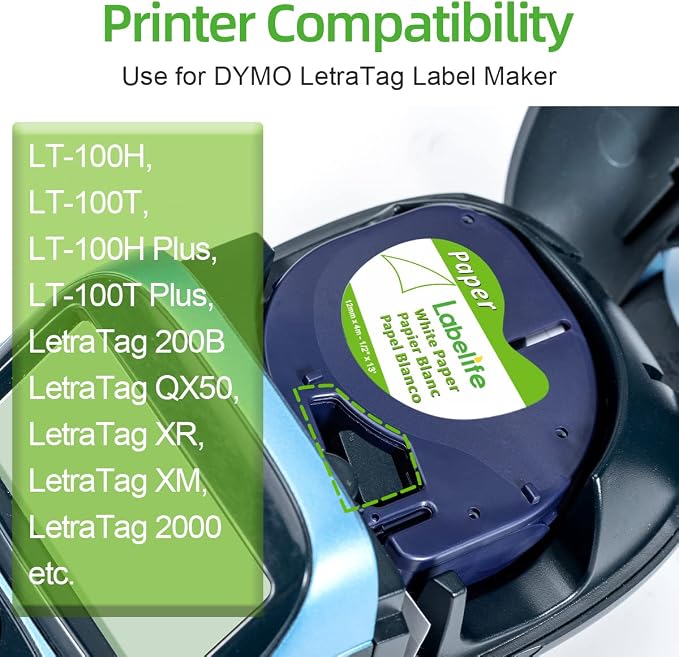 6 Paper + 6 Plastic Compatible DYMO Letratag Refills 12mm x 4m 1/2" x 13, Replace for DYMO 91331 91330 Label Tape for Dymo Letra Tag Label Maker LT100H LT100T Plus 200B QX50, Black on White