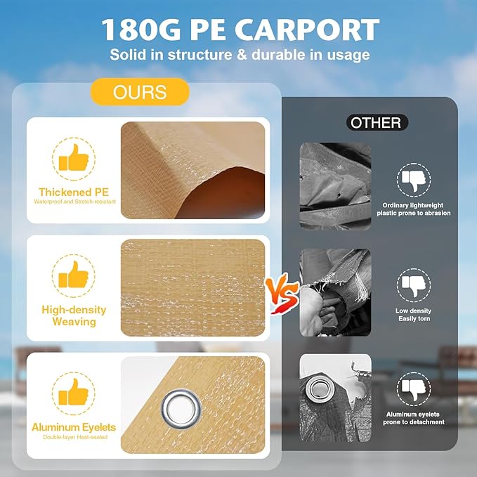 Carport Replacement Canopy Cover Sidewalls for 10x20x9.35FT Frame, Heavy Duty Garage Car Tent Shelter Tarp with Ball Bungees, Waterproof & UV Protected (Frame is not Included) (Beige)