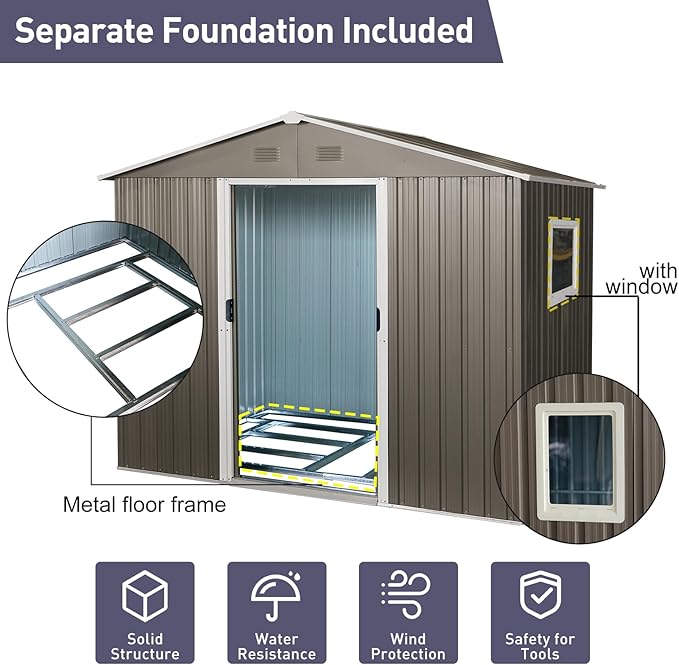 KEIKI 8x6 FT Outdoor Metal Storage Shed with Peaked Roof,Vents,Window and Metal Foundation for Garden Yard Lawn