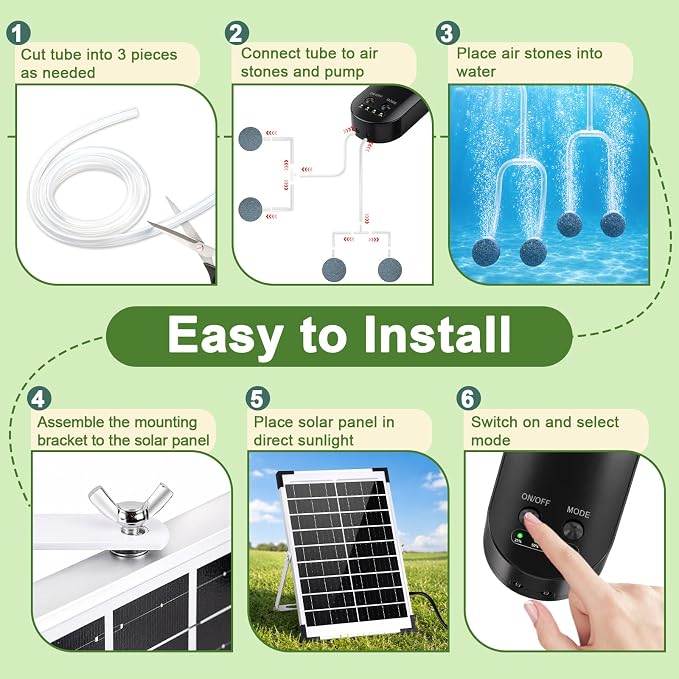 15W Solar Pond Aerator, Solar Air Pump with 3 Working Modes, 22H/55H/110H Long Runtime, Dual Air Outlets Quiet Solar Aerators for Pond, Fish Tank, Hydroponics