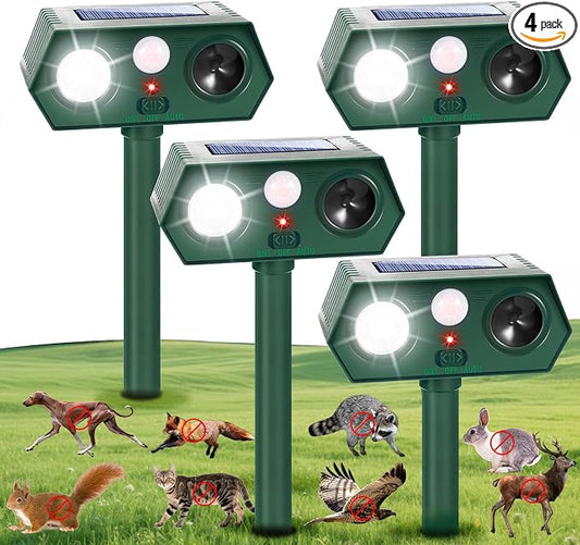 4Pack Sonic Fortress Pro Deer Repellent Outdoor, 2026 Solar Ultrasonic Animal Repeller with Motion Activated Strobe Light to Keep Squirrel Raccoon Rabbit Cat Pests Out of Yard Skunk Deterrent