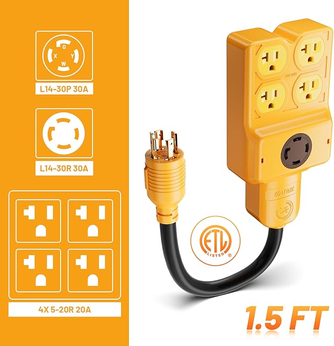MECMO NEMA L14-30P to Four 5-20R/5-15R & L14-30R Generator Adapter Extension Cord, 4 Prong Twist Locking 30 amp to 15/20/30 amp Generator Power Cord 125/250V 7500 Watts, ETL Listed