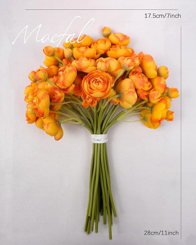 Ranunculus Artificial Flowers 18pcs, Faux Silk Mini Ranunculus Bulk Fake Wedding Filler Flowers for DIY Bouquets Centerpieces Bridal Shower Decorations Arrangements, Citrus Orange