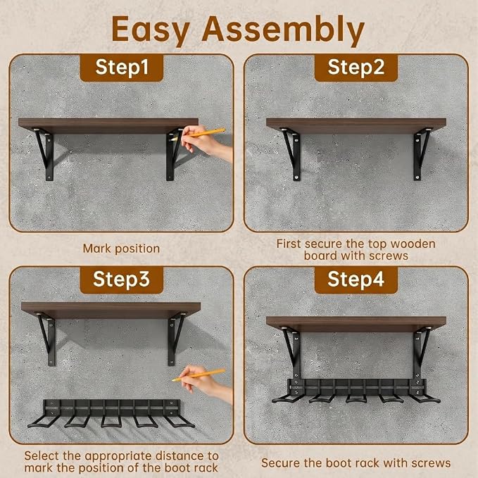 Decoroca Wall Mount Boot Rack, Garden Tool Organizer With 5 Curved Hooks & Wood Shelf, Heavy Duty Wader Boot Hangers Organizer Rack Trays for Outdoor/Indoor, Garden, Garage (4 Pack)