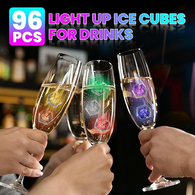 Light Up Ice Cubes, 96 Pack Multi Color Led Ice Cubes for Drinks IP67 Waterproof Reusable Glowing Flashing Changing Lights Water Activated Drink Lights for Cocktails Christmas Party Bar Wedding