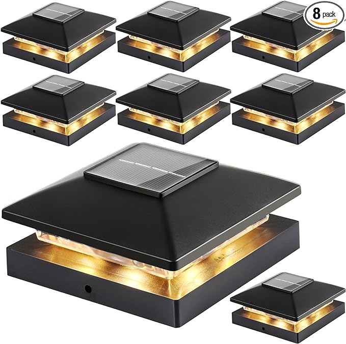 Solar Post Cap Lights Outdoor 8pack, Black Waterproof Solar Powered Deck Fence Post Lights Fit 4x4 Wood/Vinyl Posts, Bright Warm White Solar Post Lights Decorate Deck, Patio, Porch, Fence