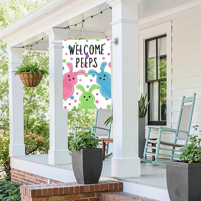 Large Easter House Flag 28x40 Inch Double Sided Welcome Peeps Bunny Flag Colorful Spring Yard Flag Outdoor Porch Cute Rabbit and Egg Pattern Farmhouse Easter Garden Banner for Home Patio Lawn