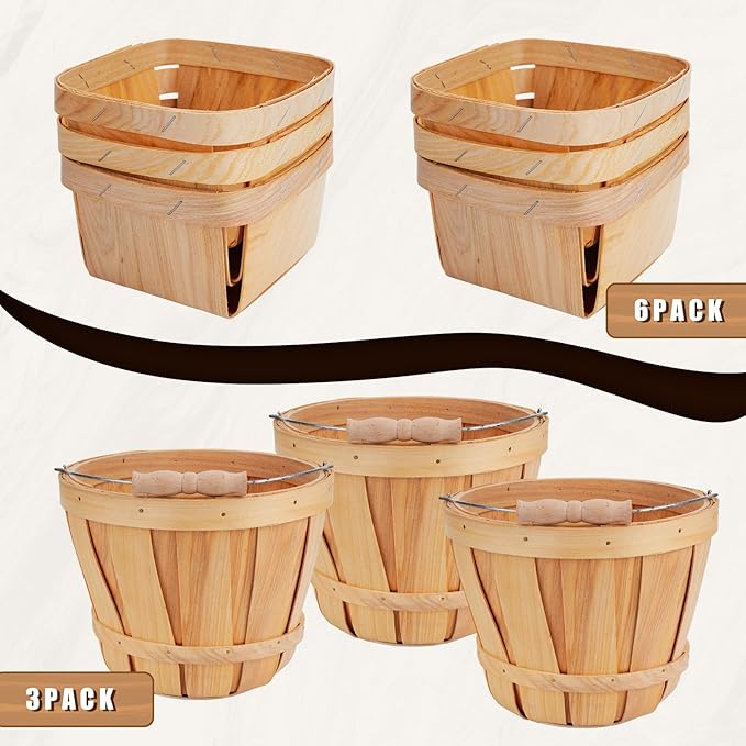 Leinuosen 9 Pcs Wooden Gift Basket Set, 3 Pcs 8 x 6. 3'' Bushel Bucket Portable Fruit Bucket and 6 Harvest Basket for Display Fruit Vegetable Garden Storage Container Farm Picnic Party Supplies