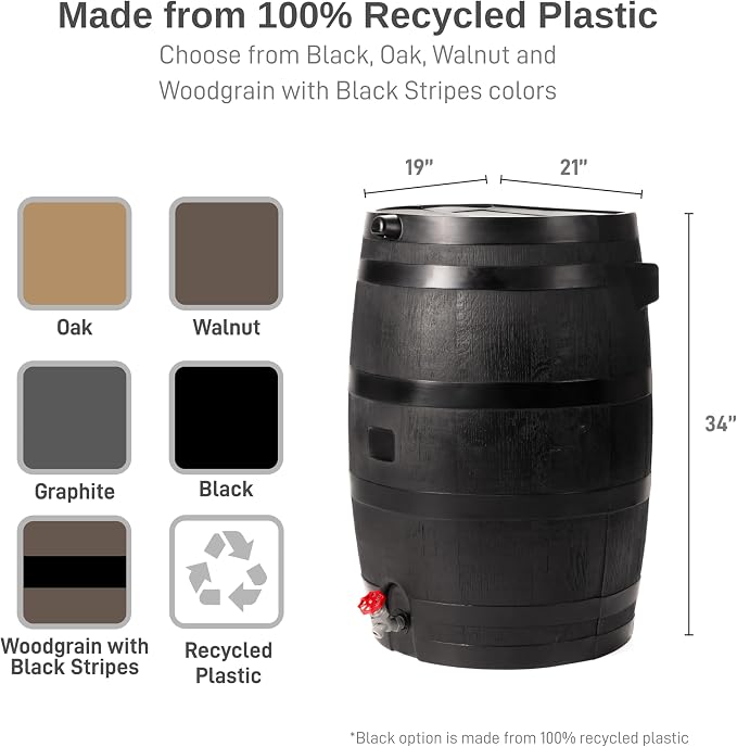 RTS Home Accents 50-Gallon ECO Rain Barrel Made with 100% Recycled Plastic, Flat Back Rain Water Collection Barrel, Soaker Hose Included, Black