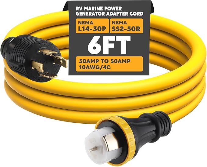 Tellegloww 6FT NEMA L14-30P to SS2-50R RV Marine Power Generator Adapter Cord, 30A 4 Prong Locking Generator L14-30P Male to 50A Marine Shore Power SS2-50R Female with Locking Ring 125V/250V