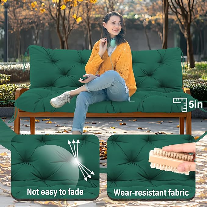 Premium 5" Thick Waterproof Outdoor Swing Cushions Sturdy Durable 2-3 Seat Replacement Porch Swing Cushions with Backrest&Ties Bench Cushion for Outdoor Furniture Backyard Patio(48x40inch)