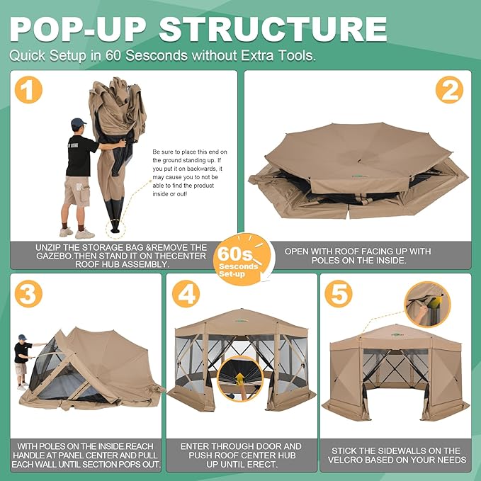 COBIZI 15x15 FT Pop Up Gazebo - Canopy Tent, Large Gazebos On Clearance with Sidewalls,carpas para Patio,Screened in Gazebo,Portable Screen Tents for 12-15 Persons Outdoor Camping, Backyard, Khaki