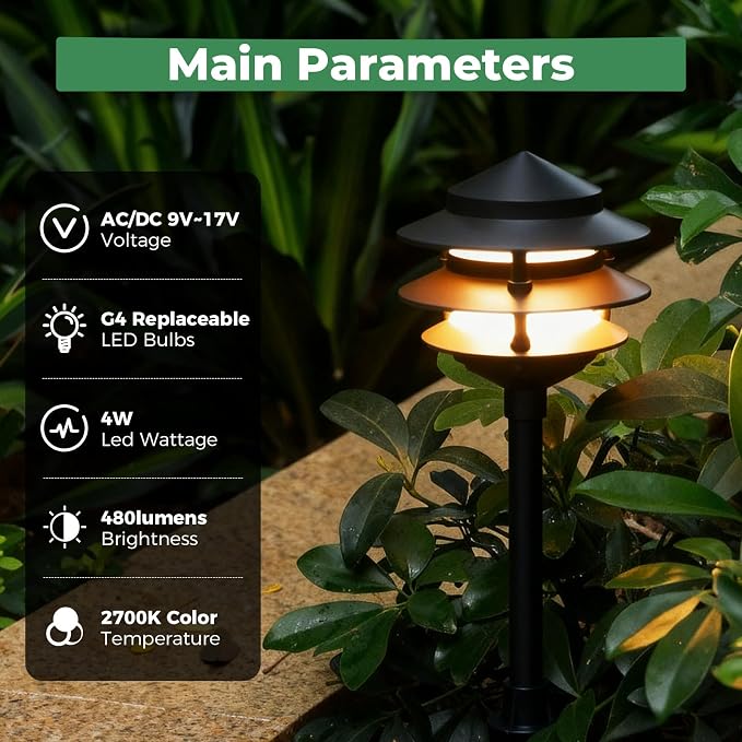 Gardencoin Pagoda Low Voltage Landscape Pathway Lights, 12V Outdoor LED Path Lights Wired, Aluminum Walkway Lighting with 4W 2700K Replaceable G4 Bulb, Classic 3-Tier Lantern, 6 Pack