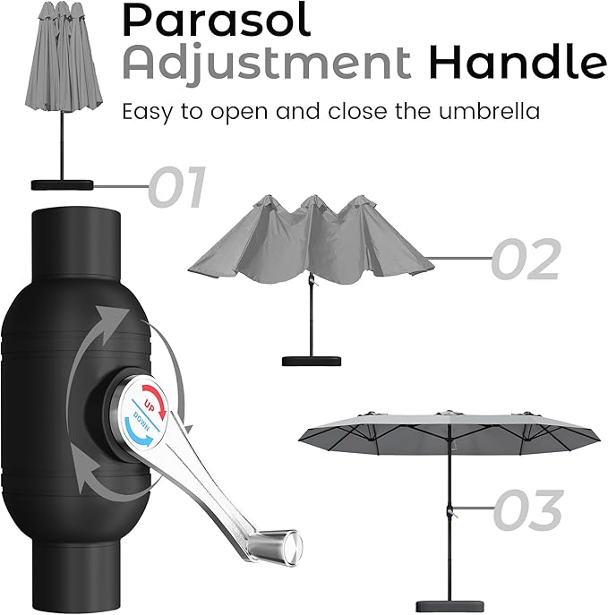 DomeShade 15ft Patio Umbrella with Base,Large Outdoor Double-Sided Rectangle Umbrella with Crank Handle, Market Umbrella for Poolside Garden Deck Backyard Beach Pools, Gray