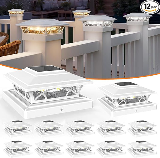APONUO Solar Post Cap Lights 12 Pack - 4x4 5x5 6x6 Fence Post Lights, Auto On/Off, Waterproof IP64, 2-Mode (Warm/Cool White), Deck Patio Yard Solar Light for Wood & Vinyl Posts, White