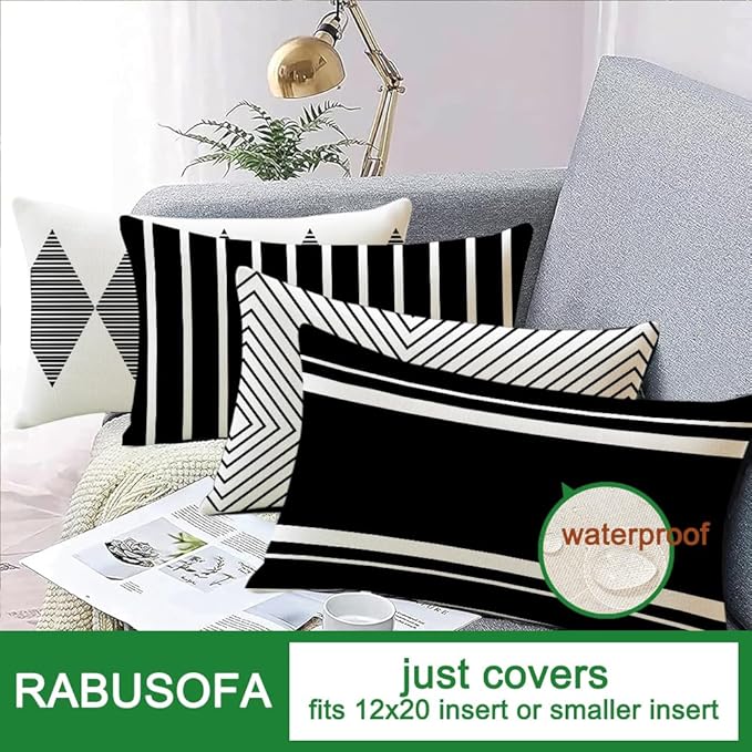 RABUSOFA Outdoor Pillows Covers 12x20 inch Waterproof,Black and Beige Boho Lumbar Throw Cushion Case Set of 4 for Patio Furniture for Couch Sunbrella(2W-12)