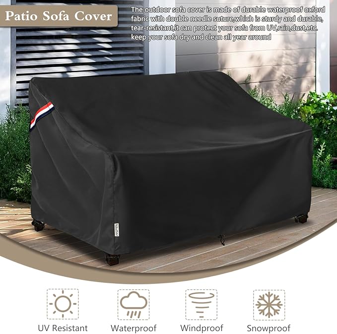 Outdoor Couch Cover Waterproof Heavy Duty Patio Furniture Covers, 58W x 32.5D x 31H Inches 2 Seater Outdoor Sofa Cover (Black)